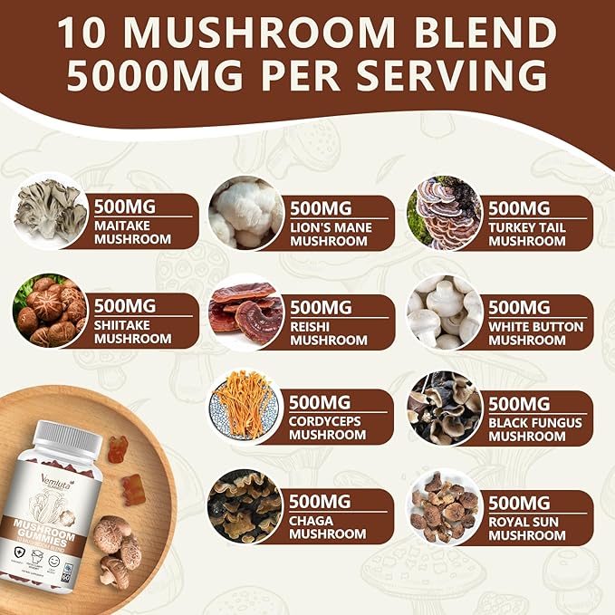 1 Pack 5000MG Mushroom Gummies -10 Blend Organic Mushroom Supplement containing Lion's Mane and Reishi for Brain and Immune Boosting, Blueberry Flavor, Non-GMO, 60 Counts