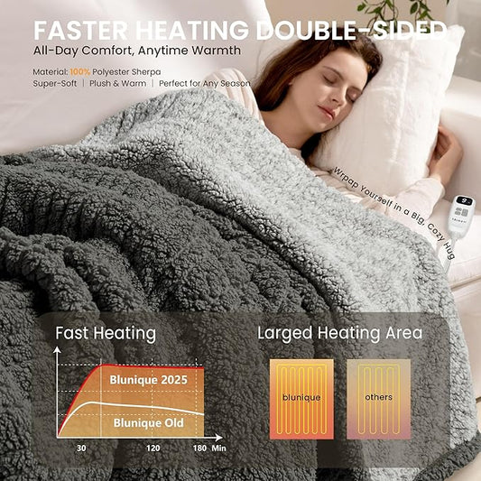 Electric Heated Blanket King 90x100 inches, Fast Heating w/ 10 Heat Settings & 2/4/8/10H Auto Timer, Double-Sided Sherpa, Ultra Soft & Cozy for Couch, Bed, Office, Machine Washable