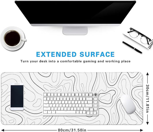 White Minimalist Topographic Map Mouse Pad - Contour Extended Large Stitch Edge Mousepad Black & White Non-Slip Gaming Desk Mat 31.5x11.8inch