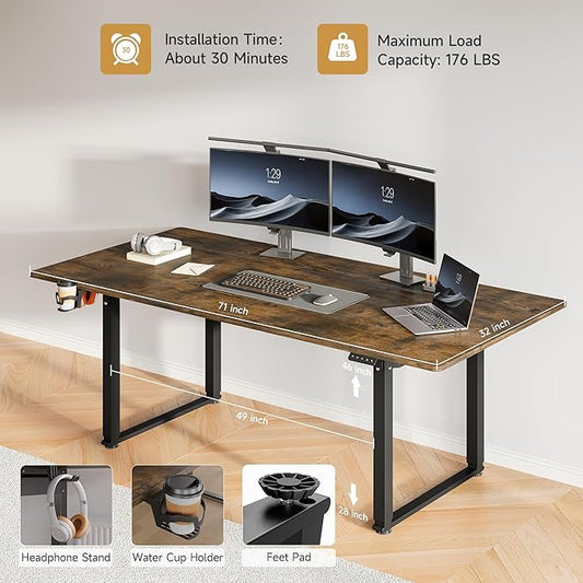 71x32 Inch Adjustable Standing Desk with 4 Legs, Stand-up Desk Features a Rectangular Top, Dual-Motor Lift, and Memory Presets (28-46Inch) for Home Offices or Computer Workstations, Rustic Brown