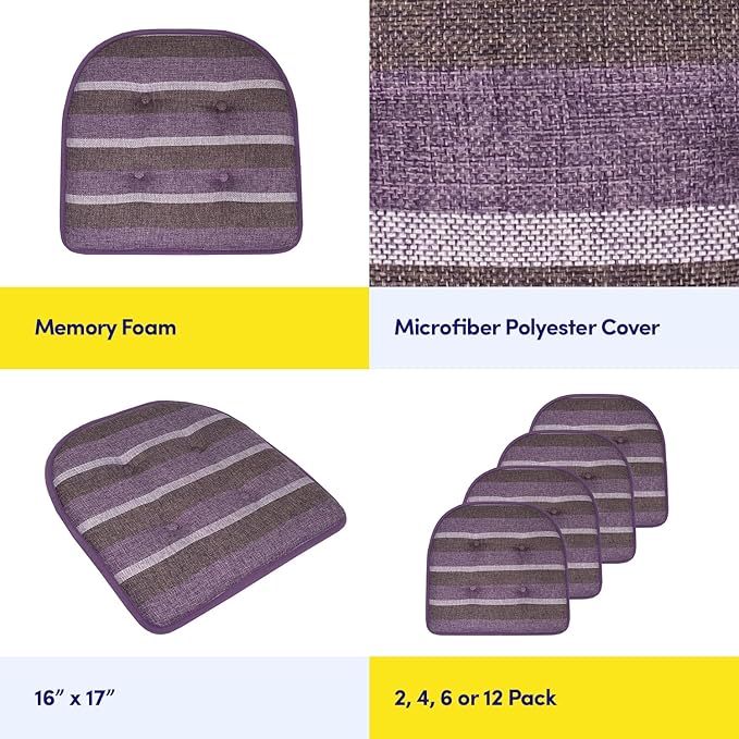 Sweet Home Collection Chair Cushion Memory Foam Pads Tufted Slip Non Skid Rubber Back U-Shaped 17" x 16" Seat Cover, 6 Count (Pack of 1), Bradford Purple