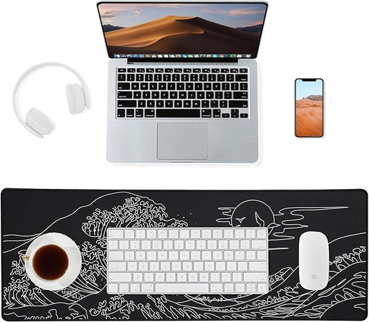 ALOANES Waterproof Mouse Pad, XL Gaming Keyboard Pad with Anti-Slip Base, Grain Jacquard Surface, Extend Desk pad for Gamer, Office & Home, Sea Wave Mousepad 31.5''x 11.8''x 0.12''