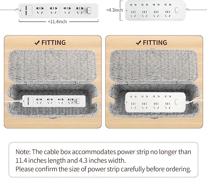 Cable Management Box, Woven Rattan Cord Hider With Lid & Button Lock, Floor Cord Holder for Power Strip USB Hub, Boho Desk Wicker Wires Storage Cable Organizer Box(grey)
