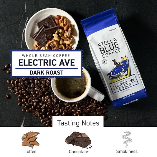 Stella Blue Whole Bean Coffee, Electric Avenue Blend, Dark Roast, Toffee, Dark Chocolate & Subtle Smokey Notes, 100% Arabica, Ethically Sourced from Central and South America, 12 oz bag