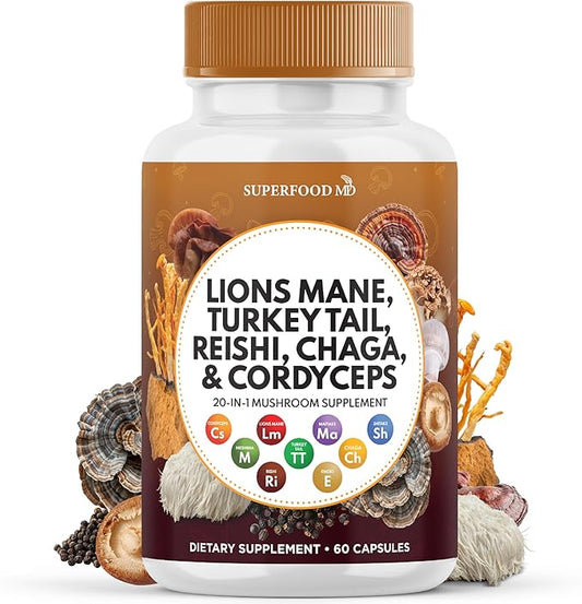 Lions Mane Mushroom Supplement with Turkey Tail Reishi Cordyceps Chaga with Marshmallow Root - 60 Count