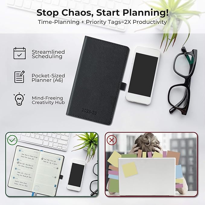 Weekly Monthly 2025-2026 Planner (July 25-Dec 26),6.5"x3.75",18 Months Agenda Plan with Month Tabs & Pocket,Expenses/Note Pages, Academic Calendar with Vegan Leather Cover,Black