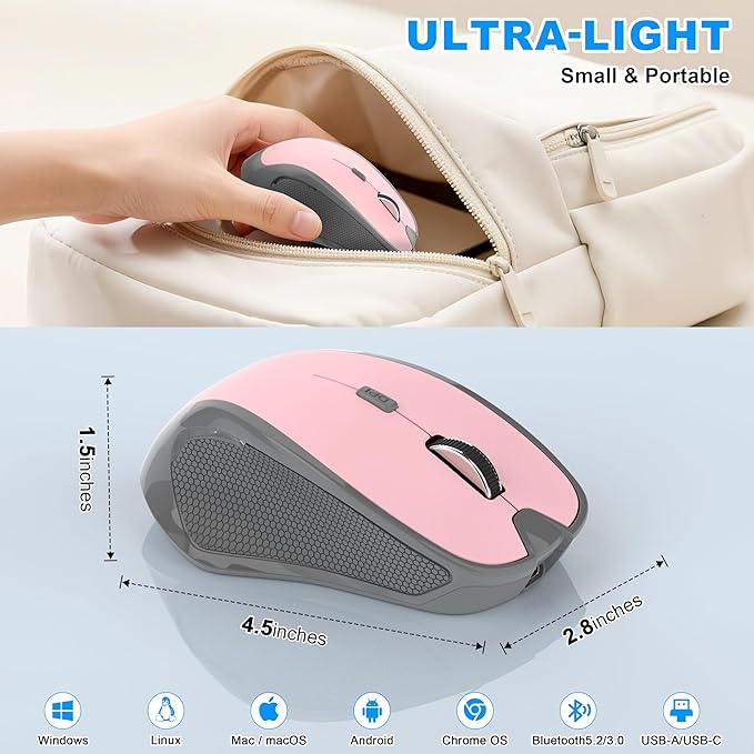 Bluetooth Wireless Computer Mouse for Laptop PC Mac, 2.4G Ergonomic Cordless Mouse Jiggler with USBA/USBC Receiver & Type-C Adapter, 3 DPI Levels 6 Buttons Rechargeable Mice for Office&Home-PINK