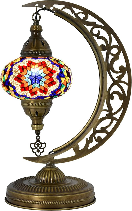 mozaist Turkish Mosaic Crescent Shape Table Lamp, Moroccan Moon Boho Handmade Desk Light, Farmhouse Rustic Living Room Decorative Lighting, Bedside Nightstand with E12 Socket & US Plug (Multicolor)