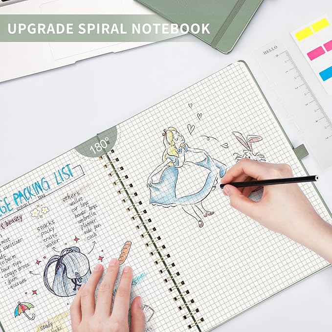 AHGXG Graph Paper Notebook - Spiral Notebook 8.5" x 11", A4 Large Hardcover Leather Journal Grid Notebook, 100 gsm Thick Graph Paper,Journals for School Writing Graphing Engineering Math, Sage Green