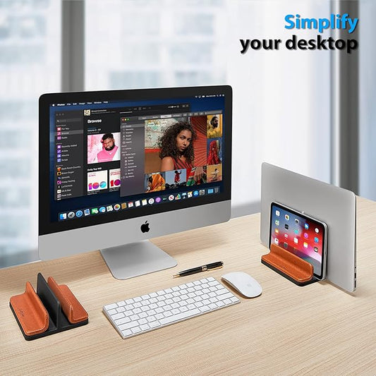 Leather Vertical Laptop Stand,Dual Laptop Holder Stand,Laptop Organizer with Adjustable Dock (18-26mm/0.7-1 in) for All MacBook/Tablet/Surface/Dell/iPad (Brown)