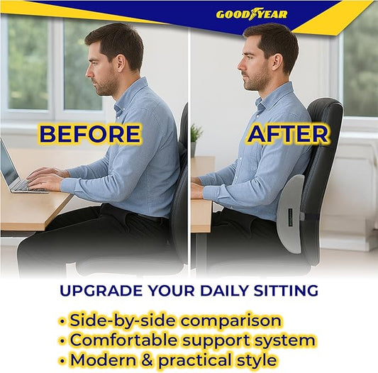 Goodyear Ergonomic Lumbar Support Pillow for Office Chair and Car Seat - Gel-Infused Back Support Lumbar Pillow, Premium Cushion Chair Support for Lower Back Pain Relief and Versatile Use - Grey