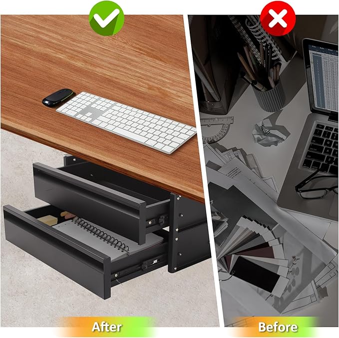 POPMOON Under Desk Drawer,Adjustable Height 15in Drawer Pull out for Desks Carbon Steel Hidden Drawers