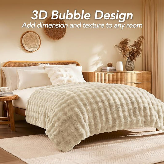 L'AGRATY Faux Rabbit Fur Blanket: 90" x 90" Queen Luxury Soft Fluffy Thick Fur Throw Blanket for Couch Bed Sofa - Cozy Plush Bubble Blankets for Winter: Flannel Fleece Decorative Blanket(Almond White)