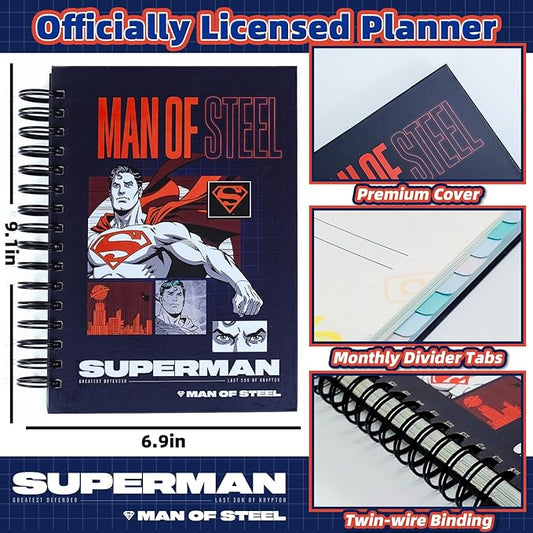 Hardcover Spiral Notebook Journal with 12 Dividers Tabs Weekly&Monthly Planner Productivity Journal Superhero Theme Leather Organizer for Work School Adults Teens and Professionals (SUPERM-REDBLACK)