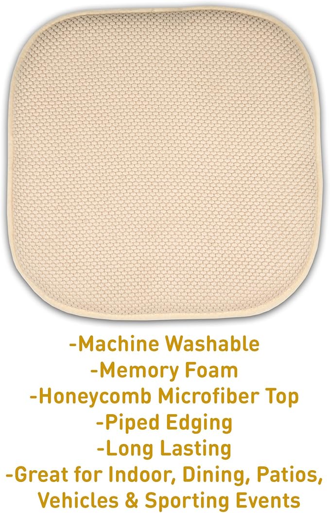 2 Pack Memory Foam Honeycomb Nonslip Back 16" x 16" Chair/Seat Cushion Pad, Linen (Pack of 3)