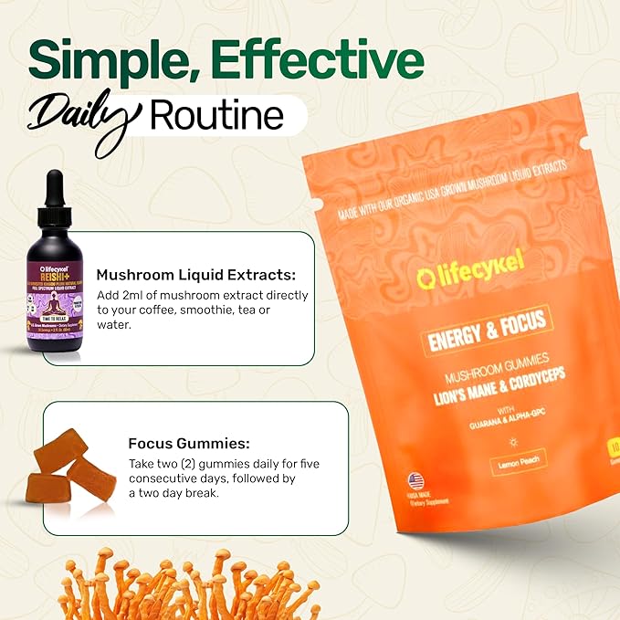 Life Cykel Cordyceps & Reishi Mushroom Extract Liquid Duo – Potent 1oz Tinctures with Included Energy & Focus Gummies (10-Count) for Enhanced Vitality, Immune Support & Mental Clarity