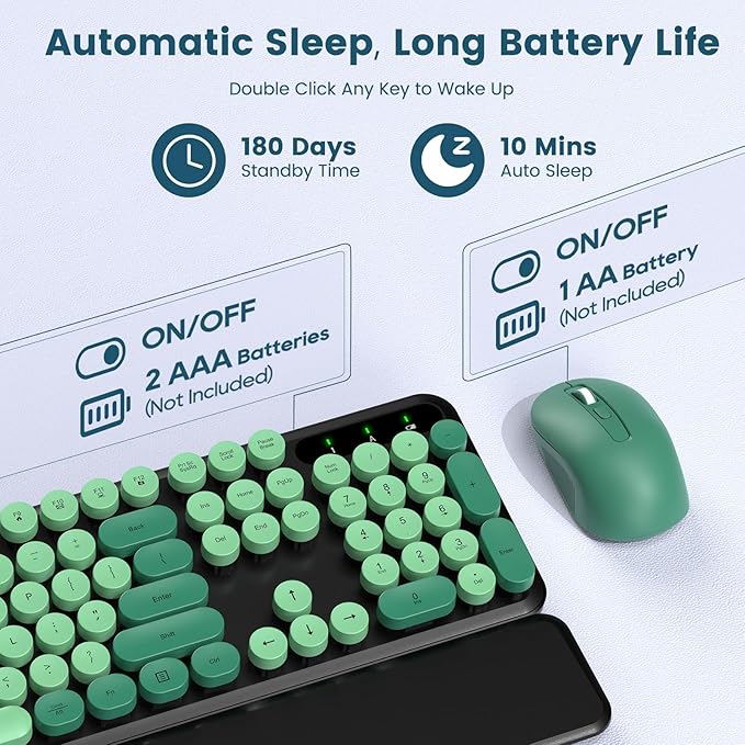 Wireless Keyboard and Mouse Combo-Round Keycaps, Full-Size Retro Typewriter Keyboard with Detachable Wrist Rest, Sleep Mode & Tilt Legs, 2.4GHz Cordless Connection for Mac/Windows/PC (Black & Green)