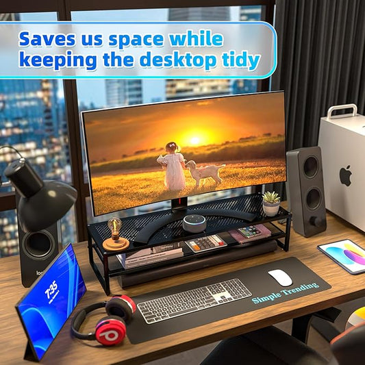 Simple Trending 2 Tier Metal Dual Monitor Stand Riser,Computer Office Desktop Organizer for 2 Monitors With 32"x10" Mouse Pad ,for Laptop,Printer,TV,Black