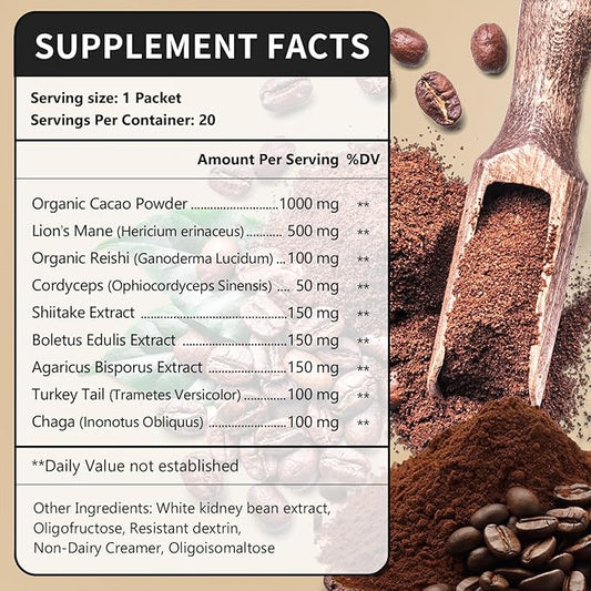 CANLIST Organic 9 in 1 Mushroom Coffee Powder with Lion's Mane & Chaga,Cordyceps, Reishi, Shiitake for Cognitive Focus, Immune Support & Stress Relief, Non-GMO & Vegan Friendly(20 Stick Packets)