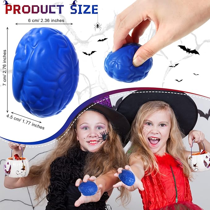 Leitee 12 Pcs Brain Stress Balls Bulk Large Halloween Brain Toys PU Hand Muscle Exercise Pressure Ball Funny Stress Relief Toy for Teens Adult Improving Grip Strength Prop(Blue)