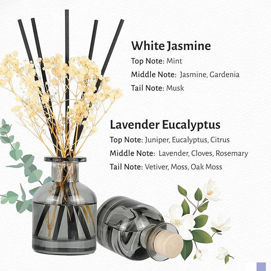 Brakula 2 Pack Reed Diffuser, White Jasmine + Lavender Eucalyptus (3.38 fl oz Each Pack), Home Fragrance with 12 Sticks, Shelf Decor, Reed diffusers for Home