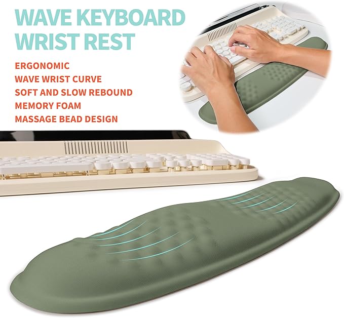 2-in-1 Ergonomic Set, Wave Rise Keyboard Wrist Rest and Massage Bulge Slope Mouse Pad Wrist Support, Cushion Memory Foam Integrated to Relieve Wrist Pain, Olive Green