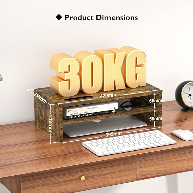 BONTEC Wooden Monitor Stand Riser, 2-Tier Desk Shelf with Storage Organizer, Ergonomic Computer Stand with Cable Management, Cellphone Holder, Vintage Brown, 16.5 Inch