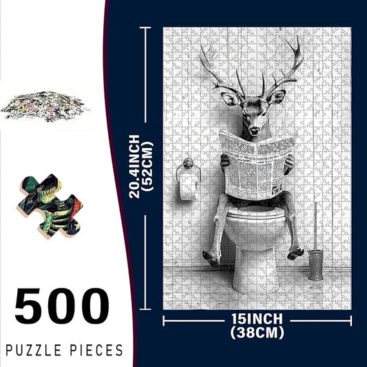 500 Piece Adults Kids Deer Jigsaw Wooden Black and White Bathroom Jigsaw Adult Stress Relief Therapy Challenging 20.4x15 Inch