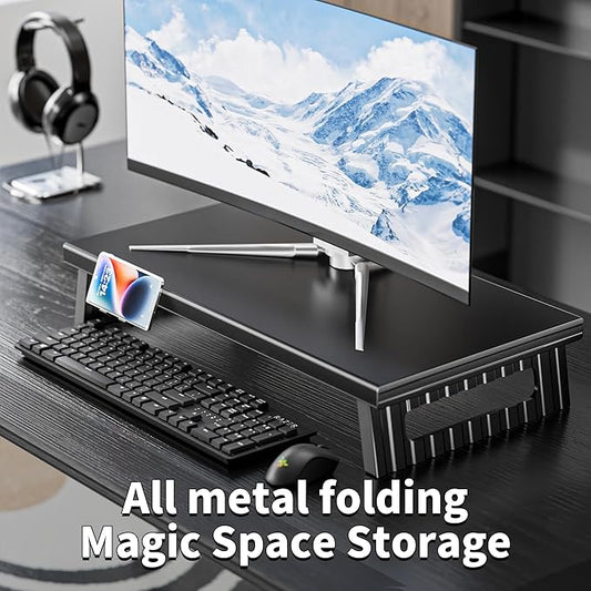 All-Metal Foldable Monitor Stand with 28cm Wide Desktop,, Headphone & Mic Jack, Detachable Phone Holder, (Basic Version, 530mm)