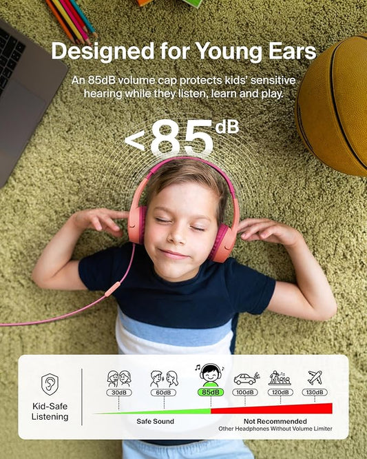 Belkin SoundForm Mini Kids Wired Headphones w/USB C to 3.5mm Dongle, Built-in Mic & Fun Stickers, 85dB Max Volume – for Online Learning, Travel, Compatible w/iPhone 16, iPad, Galaxy S25, etc - Pink