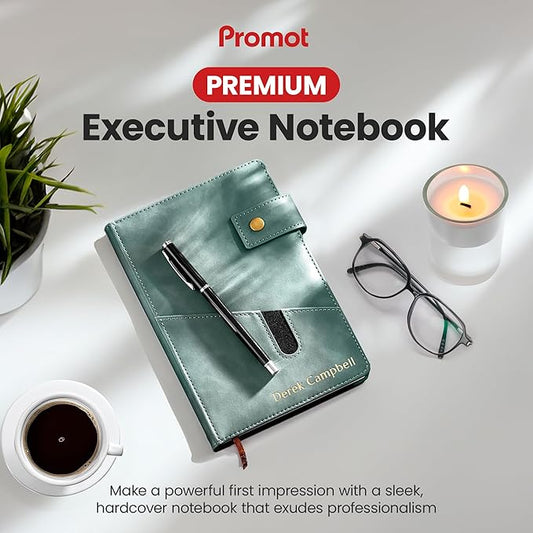 Promot Personalized Notebook - A5 Lined Leather Bound Journal for Writing Women Men - Hardcover Executive Notebook, Daily Journal, Travel Diary, Gift Idea, Custom Embossed Text with Gold Metallic Foil