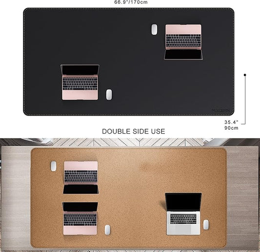 MAIDERN Leather Desk Mat Large XL, 66.9” x 35.4” Reversible Office Desk Pad Mat, Cork & Leather Large Mouse pad for Desk, Waterproof Computer Desk Mat for Gaming Home Office (Black)