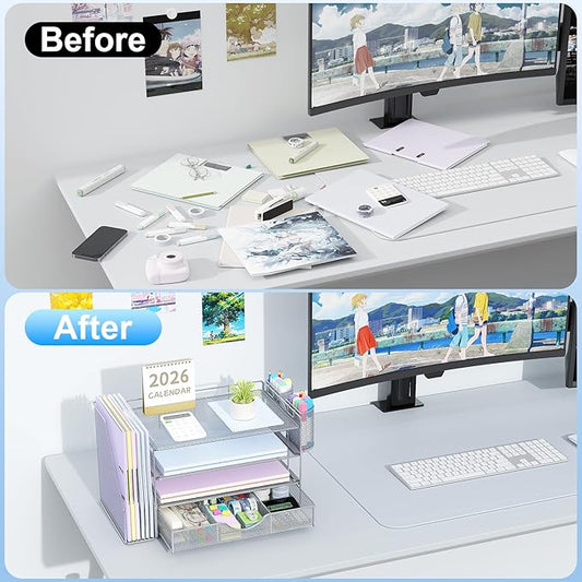 gianotter Desk Organizers and Accessories with File Holder, 4-Tier Desk Accessories & Workspace Organizers with Drawer and 2 Pen Holder, Paper Organizer for Office Supplies (Grey)