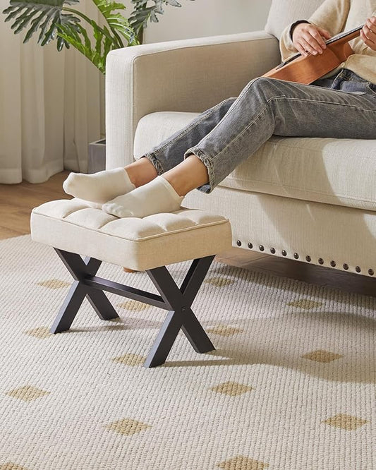 IBUYKE Small 12" H Footrest Stool, Square Linen Foot Stool with Metal X-Leg, Multi-Use as Small Side Table, Step Stool for Living Room, Bedroom, Entryway, Office, Linen WBD011Y