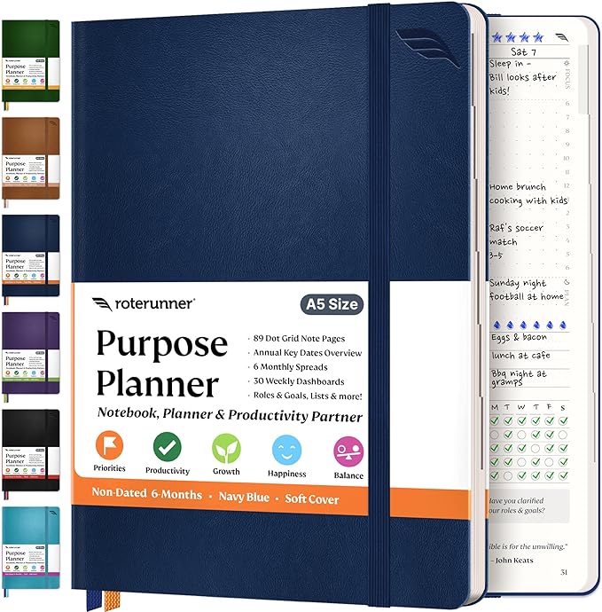 Purpose Planner Notebook A5 5.8”x8.3” Undated 2025 Daily Weekly and Monthly Productivity Goal Setting Tool for Work Home ADHD Planner for Adults Self Care Journal (Navy Softcover)