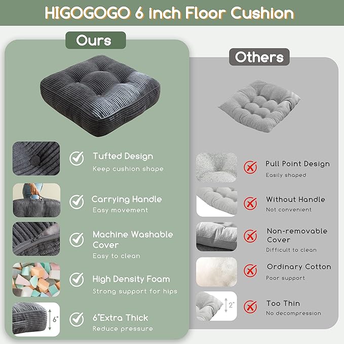 6" Washable Floor Pillow Cushion for Adults, Meditation Cushion Pillow, Large Square Floor Sitting, Removable Tufted Corduroy Cover, for Tatami Living Room or Yoga, 22x22 Inch, Machine Washable