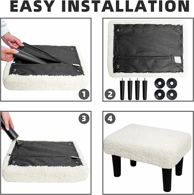 CAROLMADE Ottoman Foot Rest, Sherpa Small Ottoman Foot Stool with Legs Modern Footstool Ottomans for Living Room Entryway Office, Soft White