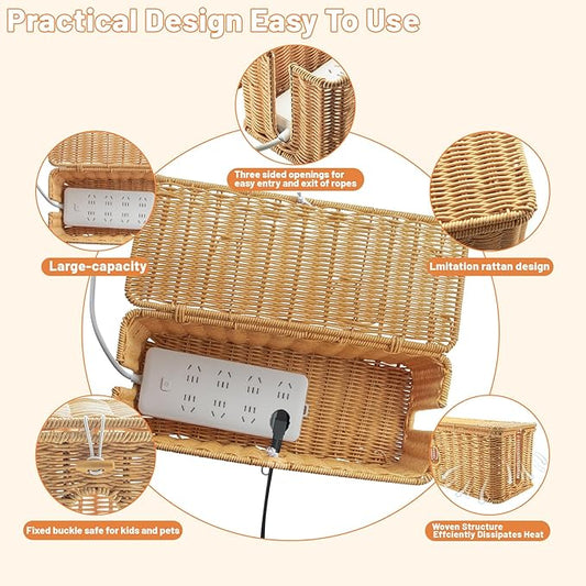 IHKFILAN 2 Pcs Handmade Cable Management Boxes Rattan Cable Organizer Large & Medium Cord Hider Organizer Boxes Power Strip Boxes Locked Cover with 2 Open Slots for Home and Workplace