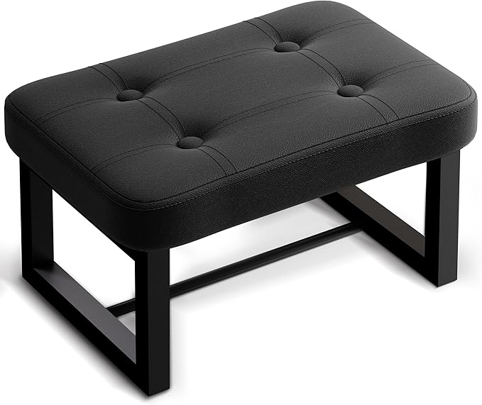 Small Ottoman,Foot Rest Stool,Leather Step Stool for Under Desk,Rectangular Shoe Seat for Living Room, Bedroom and Kitchen, Couch, Entryway(Black) (Leather, 1)