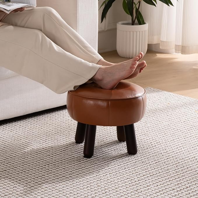 Small Foot Stool, Round Faux Leather Pouf Ottoman Foot Rest, Footstool Ottomans with Rubber Legs Under Desk, 13''L x 13''W x 10.2''H, Footrest for Couch, Living Room, Bedroom, Hallway, Brown