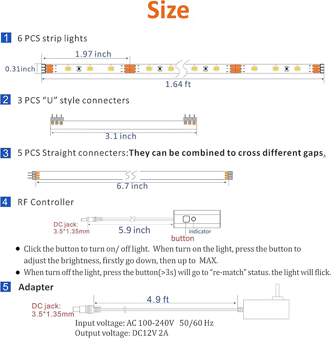 Under Cabinet LED Lighting kit, 6 PCS LED Strip Lights with Remote Control Dimmer and Adapter, Dimmable for Kitchen Cabinet,Counter,Shelf,TV Back,Showcase 2700K Warm White, Bright, Timing