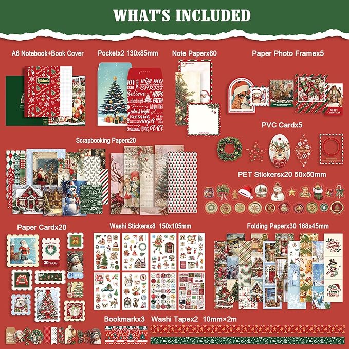 Christmas Scrapbooking Supplies Kit: New Year Festival Scrapbook Kit, Vintage Junk Journal Supplies with Aesthetic Scrapbook Stickers, Journaling Supplies, Craft Christma Gift for Teen Girl Kid Women