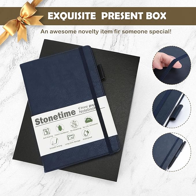 Stone Paper Notebook for Women Men, A5 Waterproof Notebook Hardcover Executive Journal, Ruled Notebooks for Writing, Business, Work & School, 160 Pages Notebook with Box (A5 Blue)