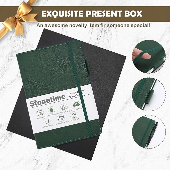 Stone Paper Notebook for Women Men, Waterproof Notebook Hardcover Executive Journal, Ruled Notebooks for Writing, Business, Work & School, 160 Pages Notebook with Gift Box (B5 Green)