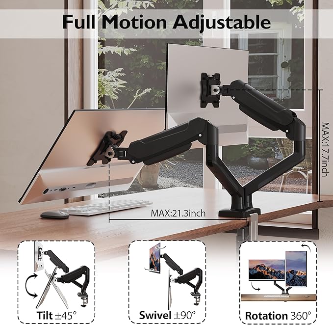BONTEC Monitor Arm Desk Mount, Gas Spring Monitor Stand, Adjustable Full Motion VESA with C Clamp & Grommet Base, Supports 6.6-19.8lbs LCD/LED Tilt, Swivel, Rotation (Dual Arms, 13-32 Inch)