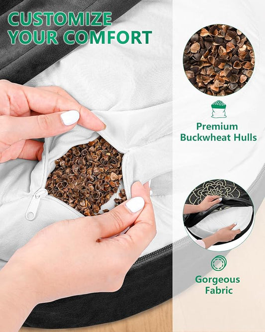 Hihealer Meditation Cushion Set Large Velvet Floor Pillow & Traditional Tibetan Yoga Bolster for Adults Zafu Meditation Mat with Buckwheat Filling (Black)