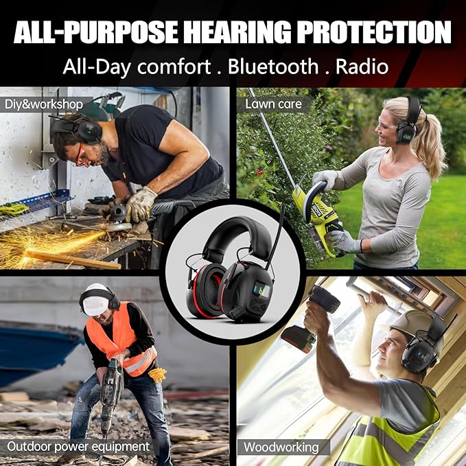 Bluetooth 5.4 Hearing Protection AM FM Radio Headphones with Digital Display, 30 SNR Noise Reduction Safety Earmuffs with Rechargeable 2000 mAh Large Battery, Ear Protector for Mowing Lawn Work