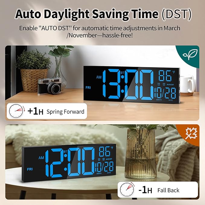 16.5" Large LED Wall Clock with Bluetooth Sync, Night Light, DST, 2 Alarms, RGB Color, Temperature, Remote Control, 12/24H, Timer for Living Room, Bedroom, Desk, Gift for Mother Father Elderly