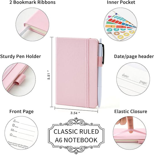 feela 3 Pack Pocket Small Notebook Journals, Mini Cute Memo Notepad Hardcover College Ruled Lined Journals with Pen Holder for Women Girls Office School, with 3 Black Pens, 3.5”x 5.5”, A6, Rose Pink