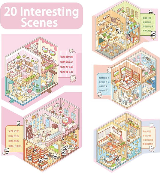 20 Sets DIY 3D Scene Sticker Book for Adults,Cute Sticker Therapy 3D Scenes Relief Stress Pass -Bakery, Library, Panda Supermarket,Tea Party